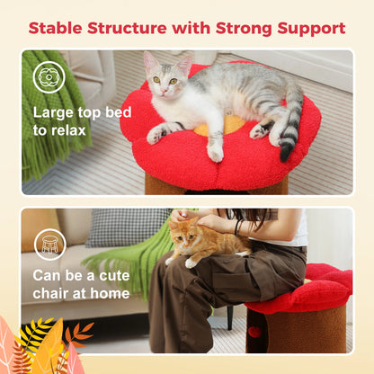 Double-Deck Cat House with Pompom Ball, Large Cat Condo, Cat Bed with Soft Flower Perch, Spacious Cozy Condo for Multi Cats