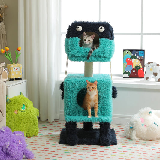Monster Series Cute Cat Tree Tower, Plush Modeling with 2 Big Cat Condos, Cat Scratching Post with Plush Shoes, Strange Braids Toy