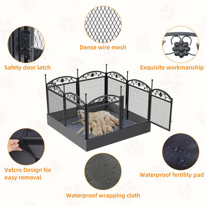 Heavy Duty Large Dog Playpen, Pet Exercise Run Enclosure Fence, Pet Whelping Pen Box with Waterproof Fertility Mat, Indoor Outdoor
