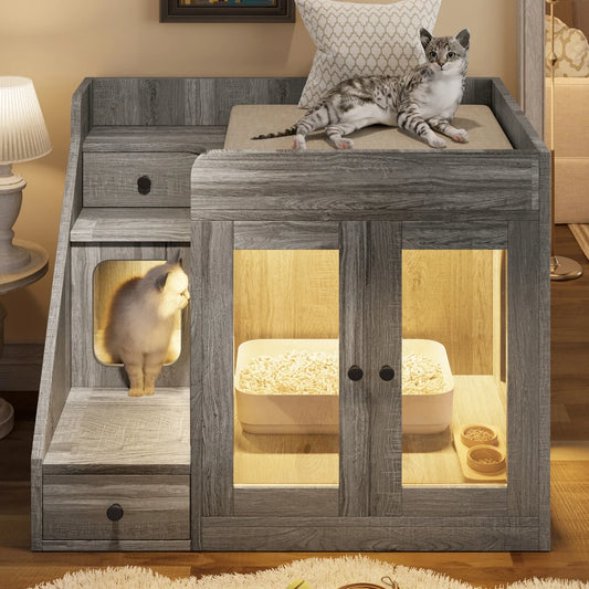 Indoor Cat House for Living Room, Cat Litter Box Enclosure with Light, Hidden Litter Box Furniture with 2 Storage Drawers