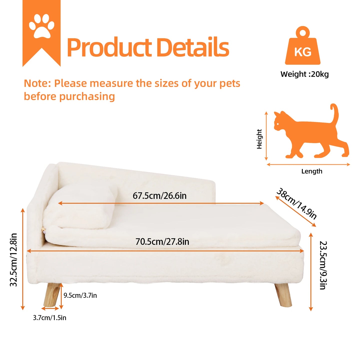 Waterproof Pet Sofa, Dog Cat Bed Couch, Raised Chair Lounger, Plush Cover Cushion