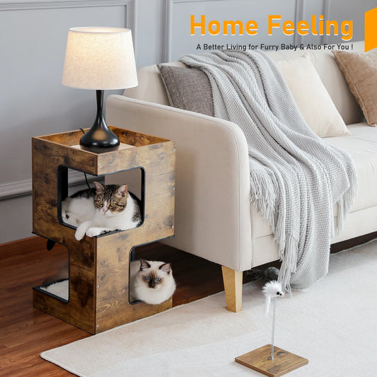 Wooden Cat Condo House with Plush Mats, Scratching Pad, Detachable Scratcher, Quality Furniture End Table Cat Condo