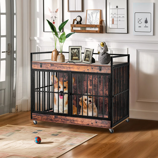 Dog Crate Furniture End Table, Dog Kennel Indoor, Heavy Duty Dog House w/ Wheels, Feeder Bowls Flip Top 43.7 x 30 x 37.8 in