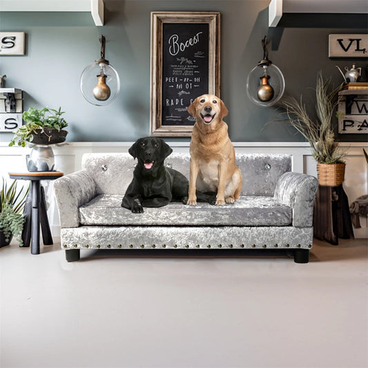 Deluxe Dog Couch Bed, Silver Dutch Velvet Upholstered Sofa Bed, Removable Cushion, for Medium to Large Dogs