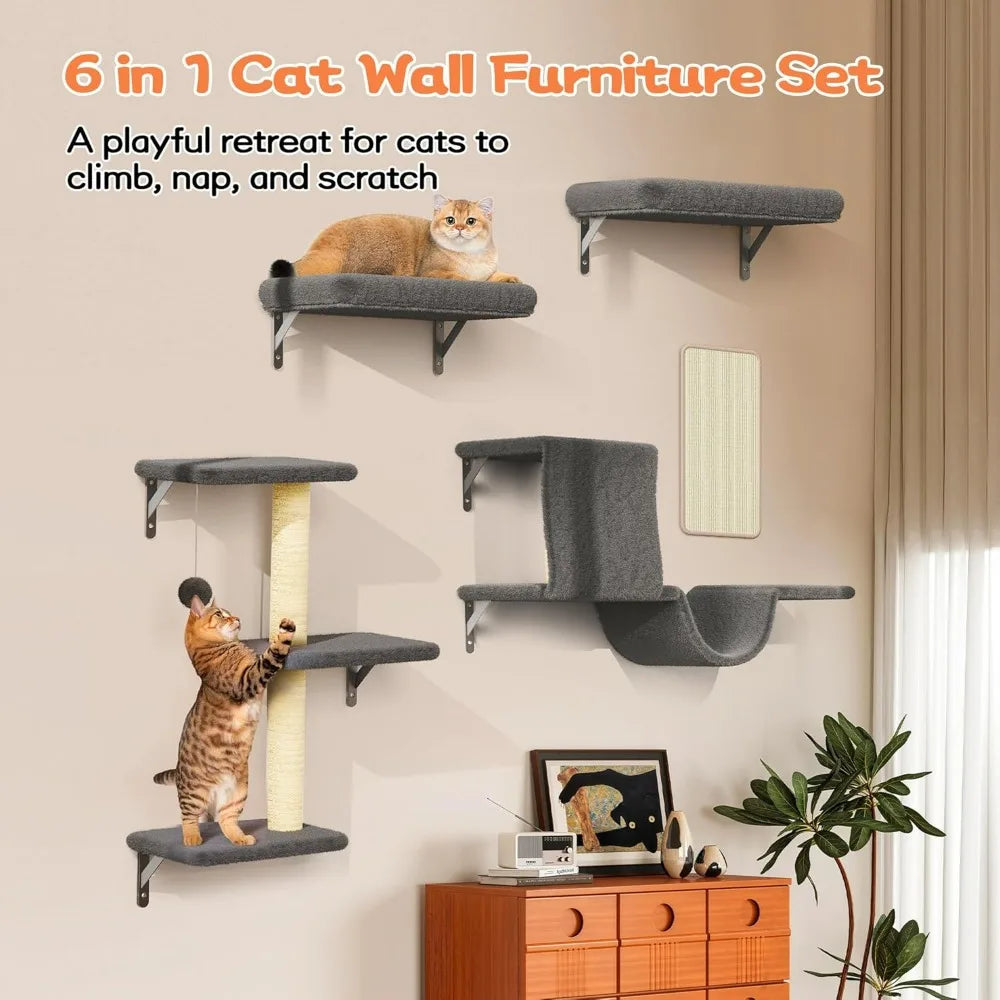 Cat Wall Shelves, Stable & Safe , 6 in 1 Wooden Cat Climber Walls